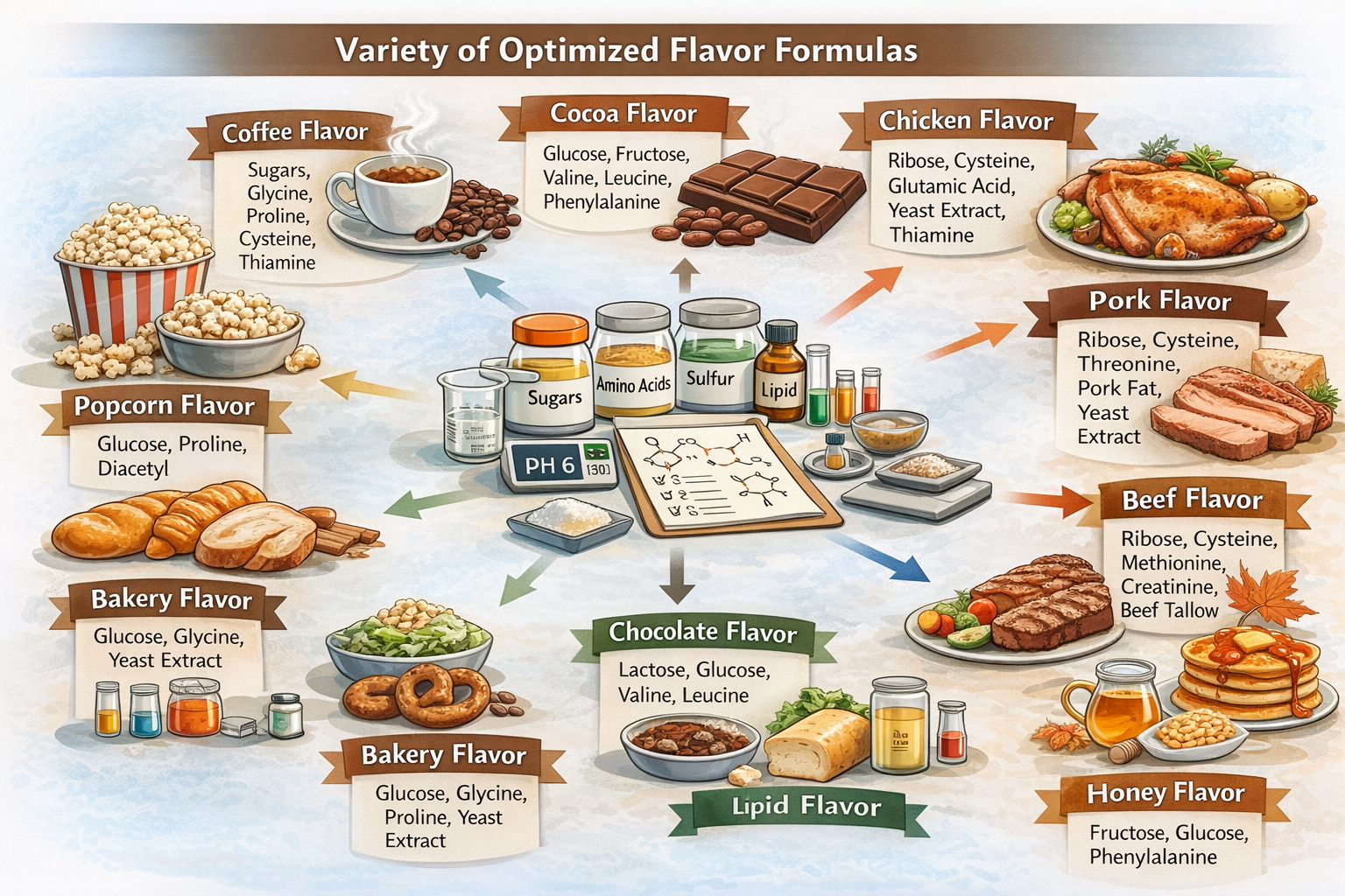 Practical, flavor-industry style optimized Maillard / thermal reaction systems for coffee, cocoa, chicken, pork, bakery, beef flavor, chocolate, cabbage, popcorn, maple flavor and honey