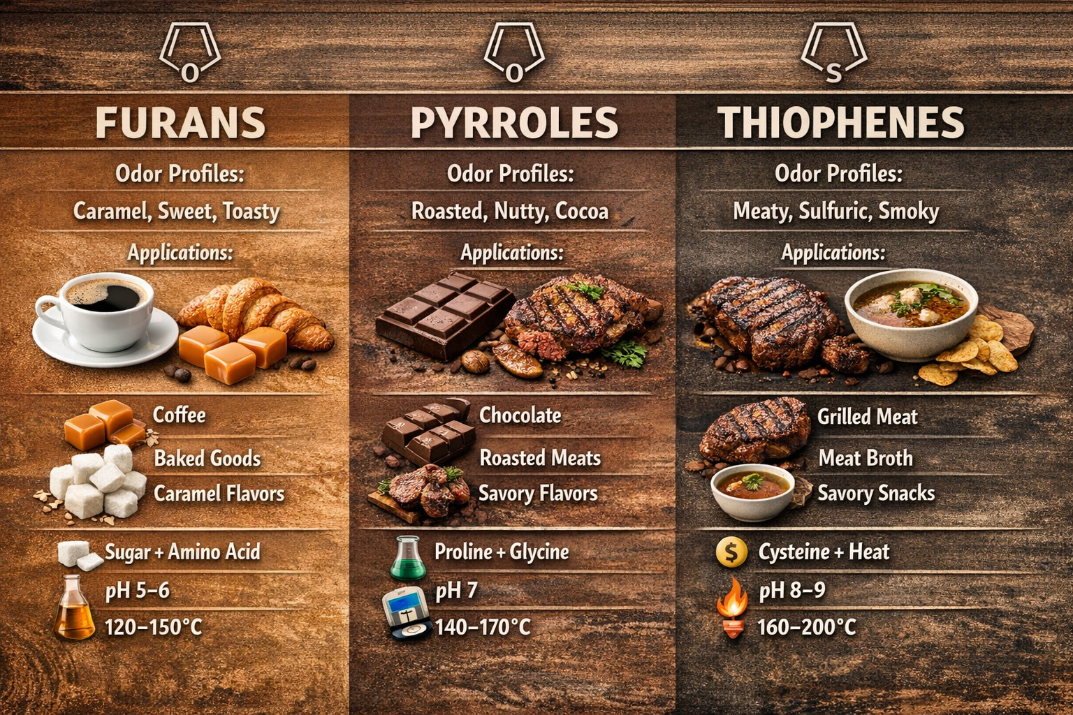 Furans, Pyrroles, and Thiophenes in Food Flavors: Their Odors, Applications, and Reaction Conditions