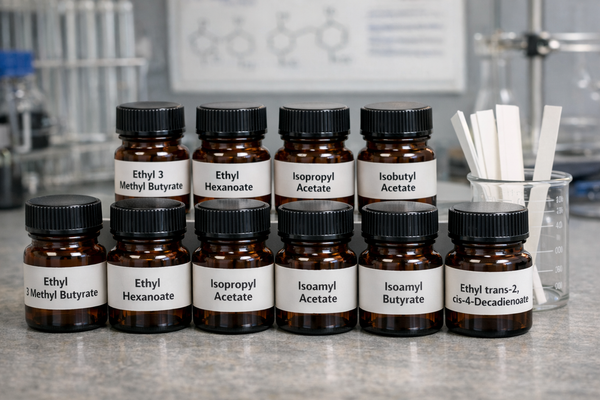 Important Synthetic Flavor Compounds - Part 4 (ethyl 3 methyl butyrate ethyl hexanoate isopropyl acetate isobutyl acetate isoamyl acetate isoamyl butyrate ethyl acrylate or ethyl cis-4 octanoate ethyl trans-2, cis-4-decadienoate allyl hexanoate)