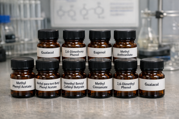 Important Synthetic Flavor Compounds - Part 5 (methyl phenyl acetate, methyl para-tert-butyl phenyl acetate, dimethyl benzyl carbinyl butyrate, methyl cinnamate, 2,6-dimethyl phenol, guaiacol, 2,6-dimethoxy phenol, eugenol, methyl anthranilate, vanillin)